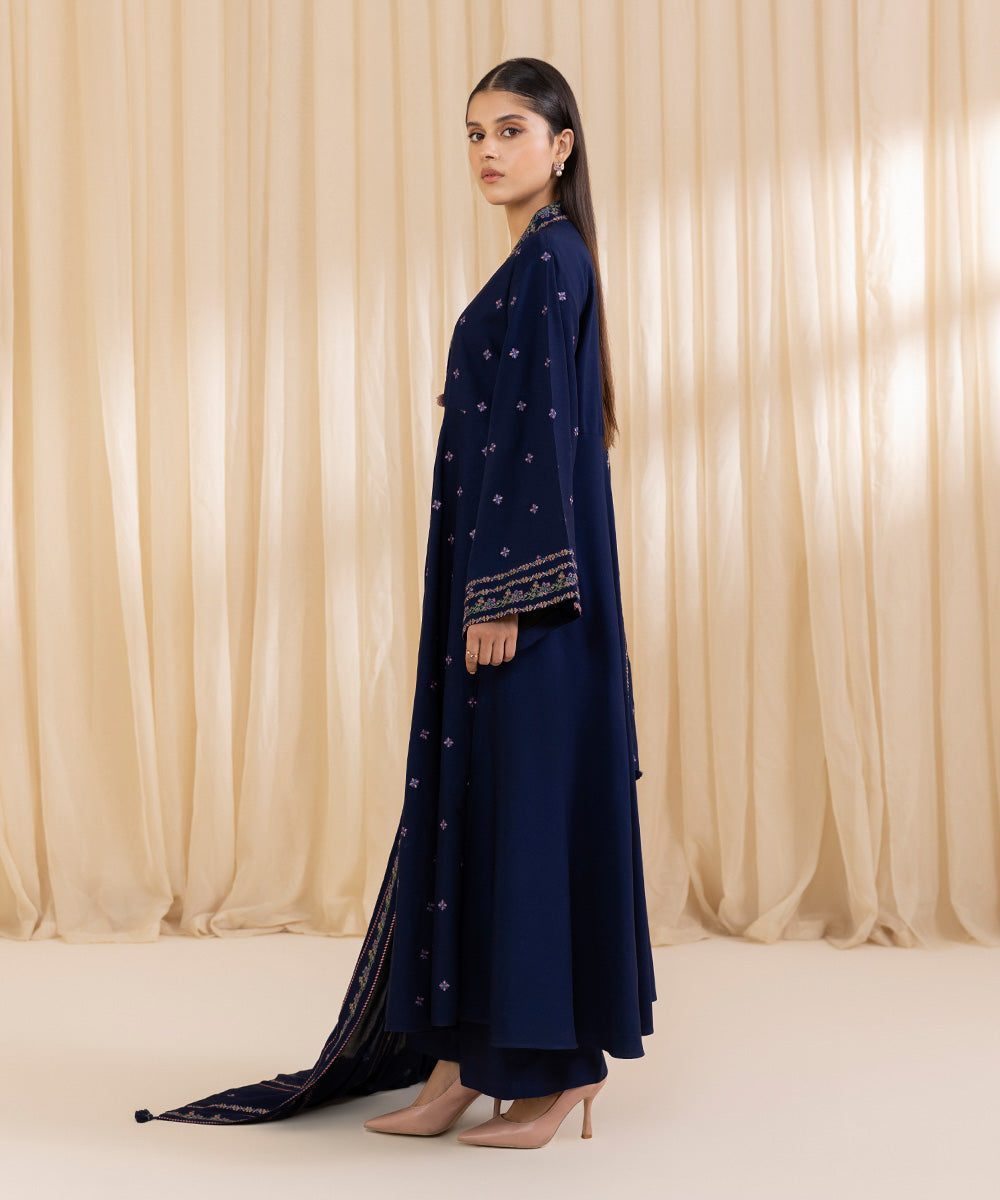 Women's Unstitched Embroidered Navy Blue Linen Three Piece Suit