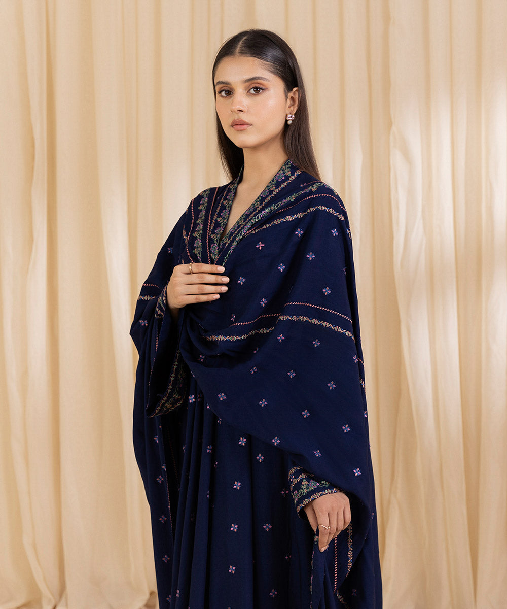 Women's Unstitched Embroidered Navy Blue Linen Three Piece Suit