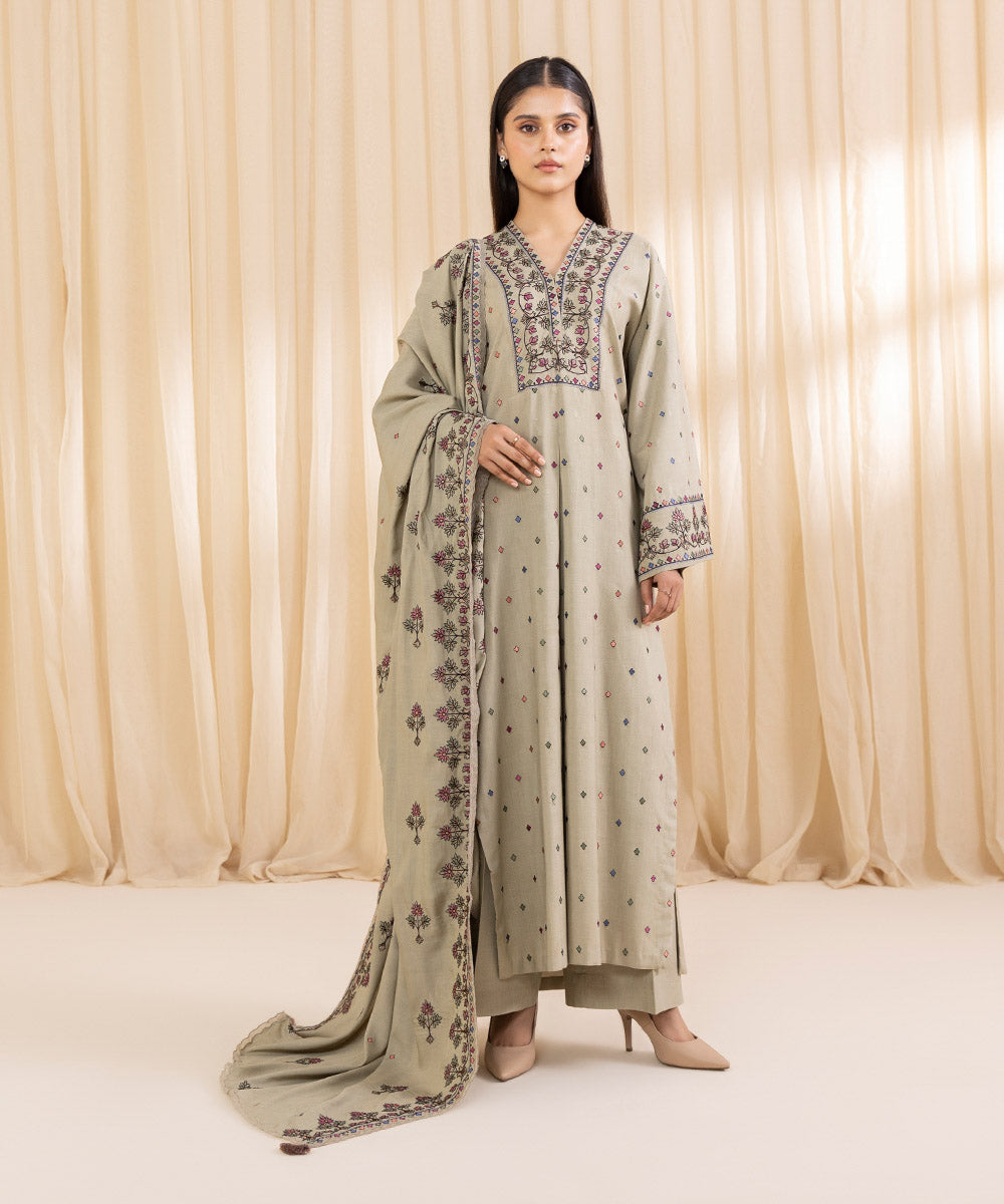 Women's Unstitched Embroidered Pistachio Linen Three Piece Suit