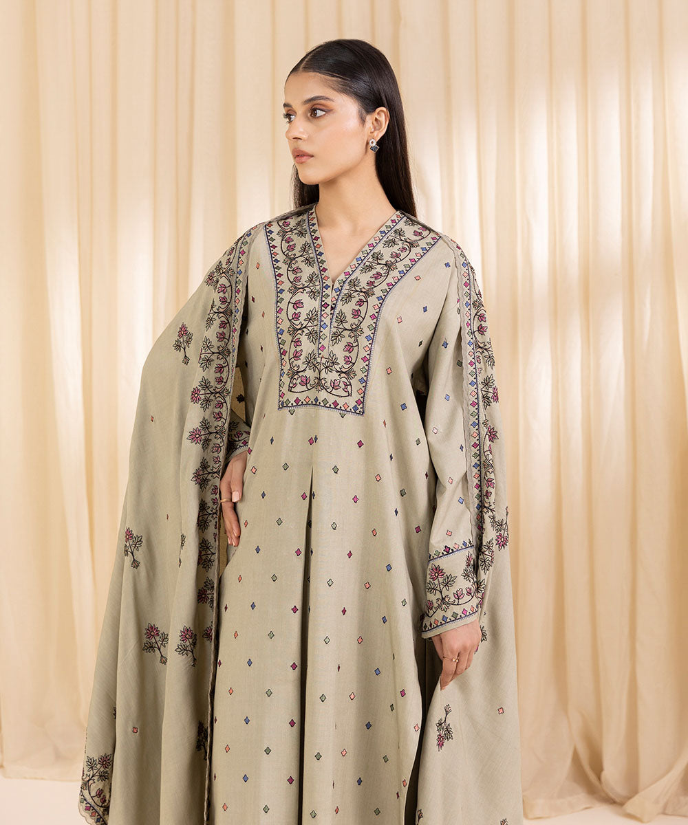 Women's Unstitched Embroidered Pistachio Linen Three Piece Suit