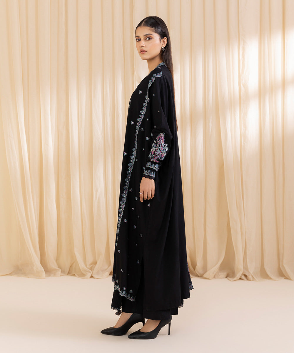 Women's Unstitched Embroidered Black Linen Three Piece Suit