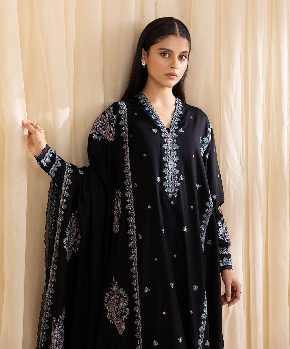 Women's Unstitched Embroidered Black Linen Three Piece Suit