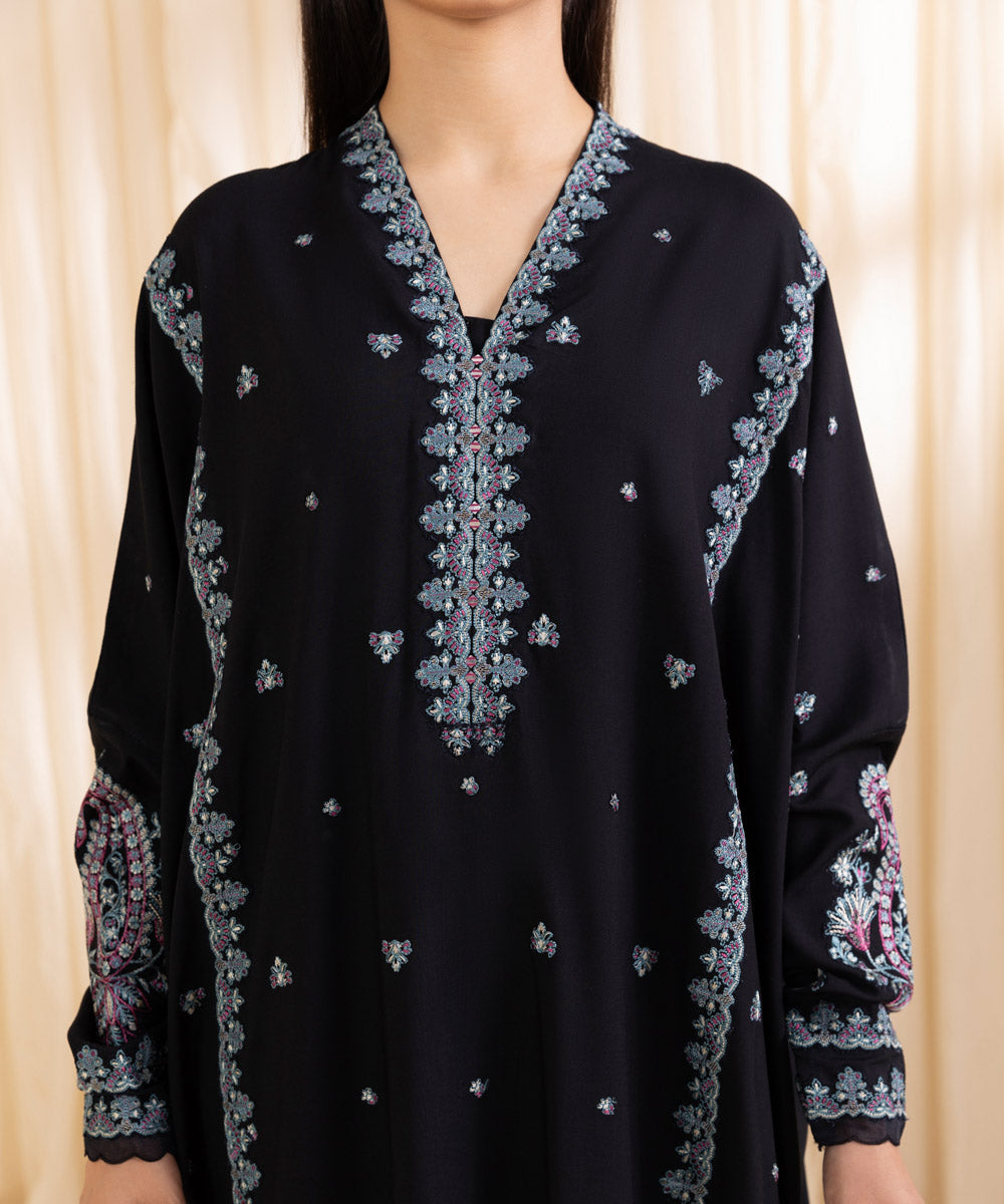 Women's Unstitched Embroidered Black Linen Three Piece Suit