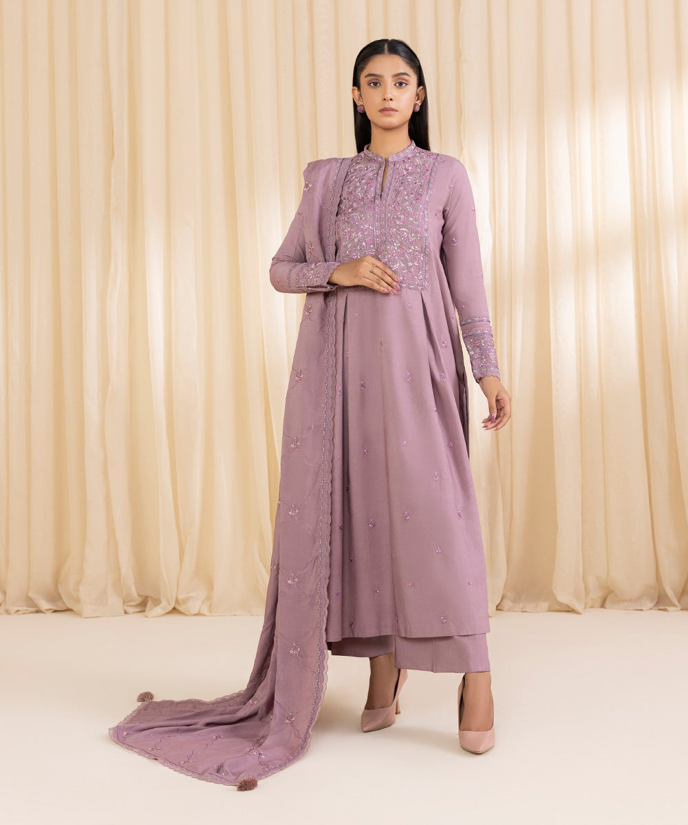 Women's Unstitched Embroidered Light Mauve Linen Three Piece Suit