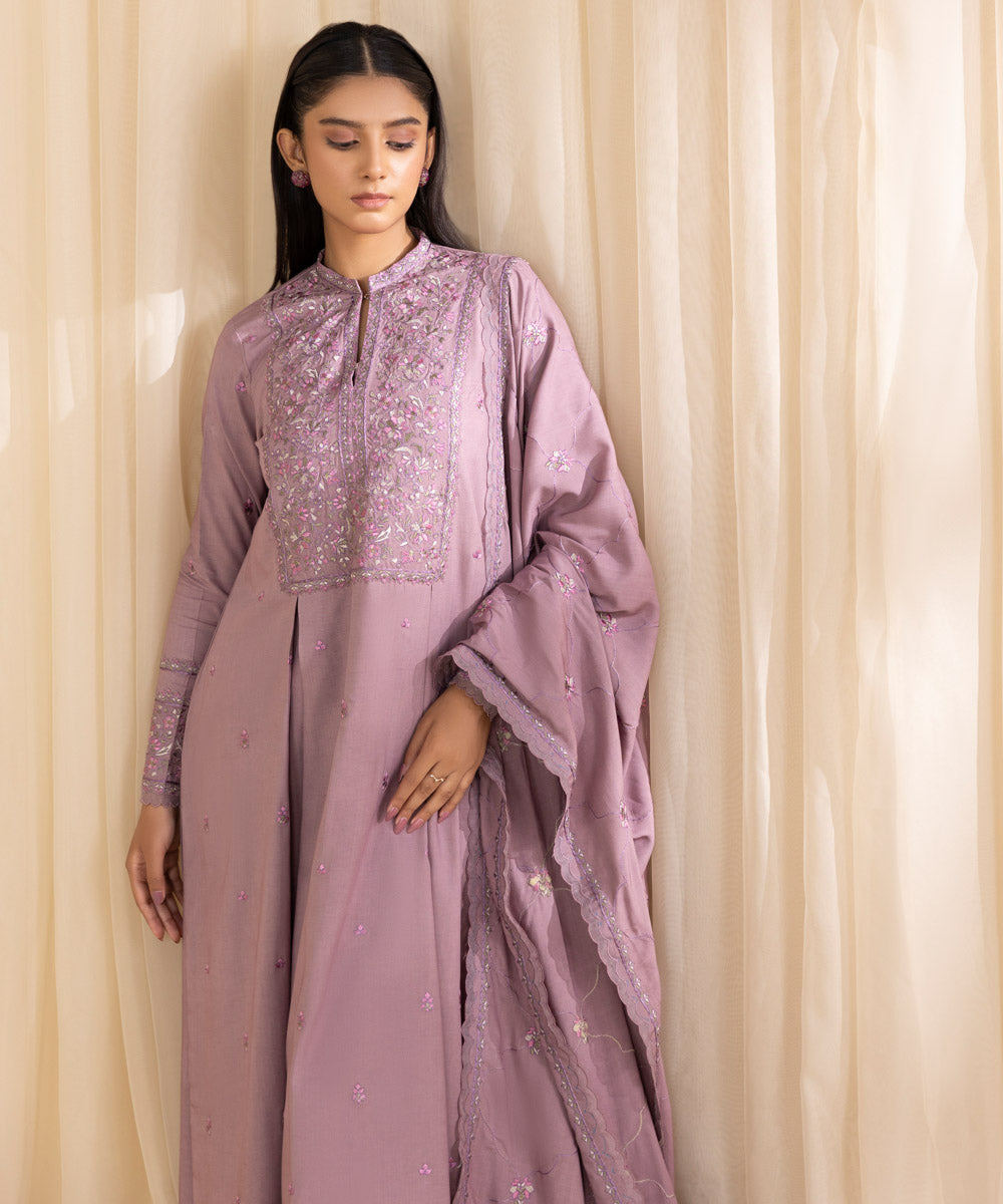 Women's Unstitched Embroidered Light Mauve Linen Three Piece Suit