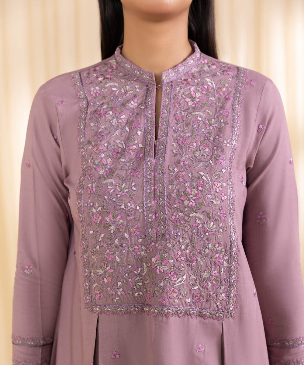 Women's Unstitched Embroidered Light Mauve Linen Three Piece Suit