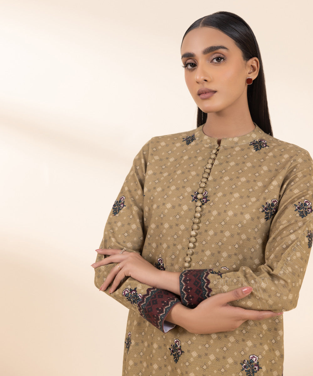 Women's Unstitched Embroidered Fawn Khaddar Shirt and Trousers