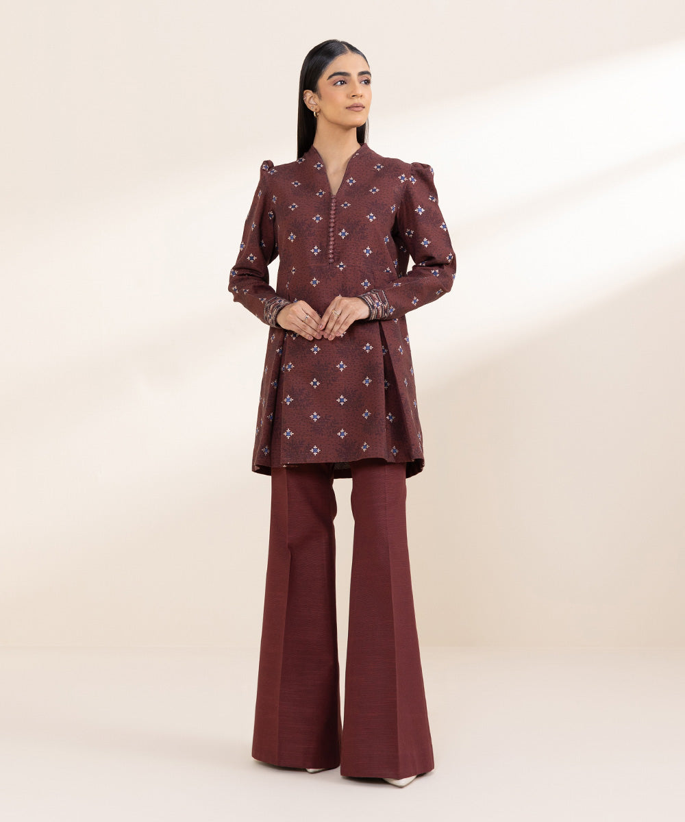 Women's Unstitched Embroidered Maroon Khaddar Shirt and Trousers