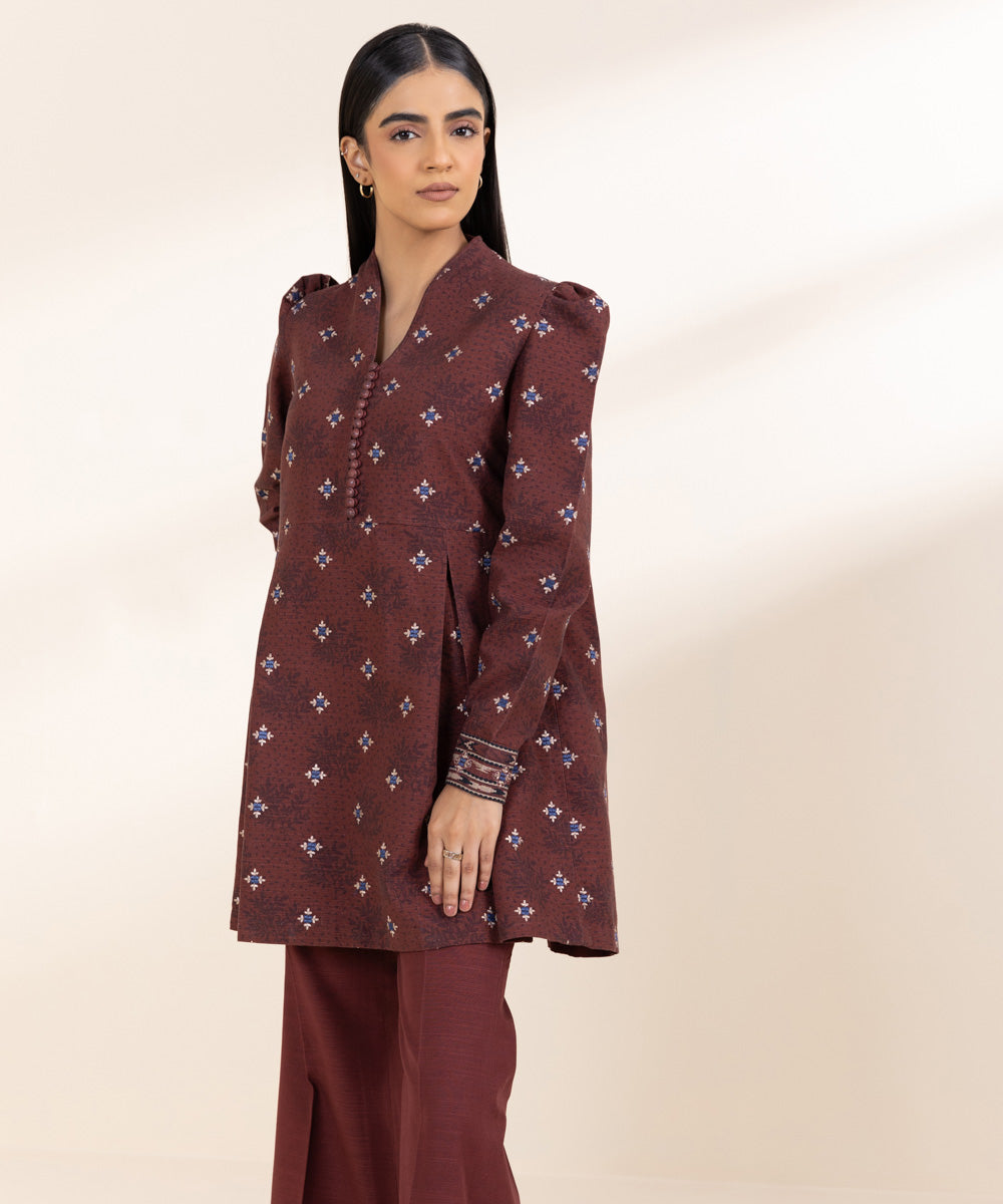 Women's Unstitched Embroidered Maroon Khaddar Shirt and Trousers