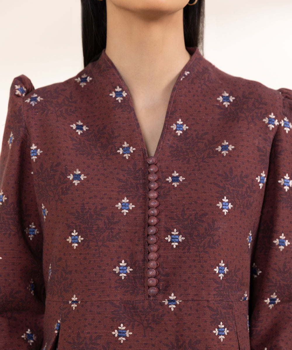 Women's Unstitched Embroidered Maroon Khaddar Shirt and Trousers