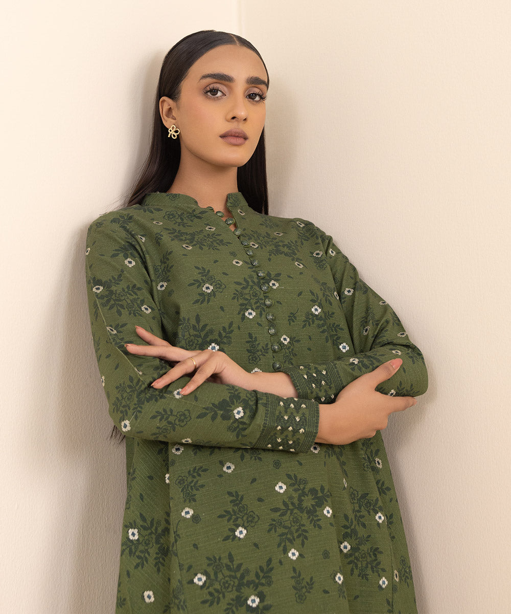 Women's Unstitched Embroidered Moss Green Khaddar Shirt and Trousers