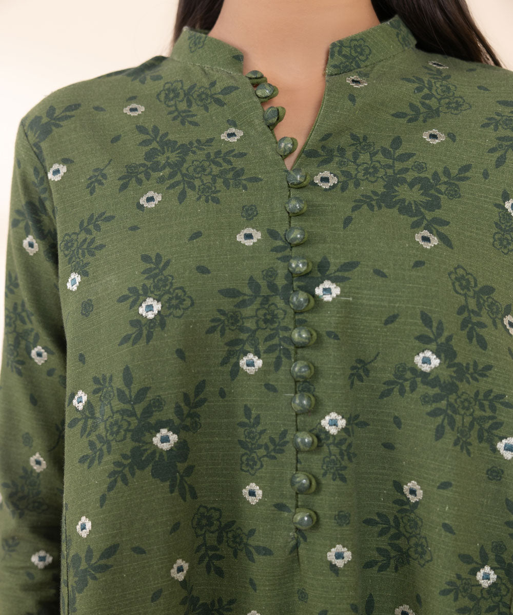 Women's Unstitched Embroidered Moss Green Khaddar Shirt and Trousers