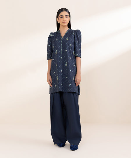 Women's Unstitched Embroidered Navy Blue Cross Hatch Shirt and Trousers