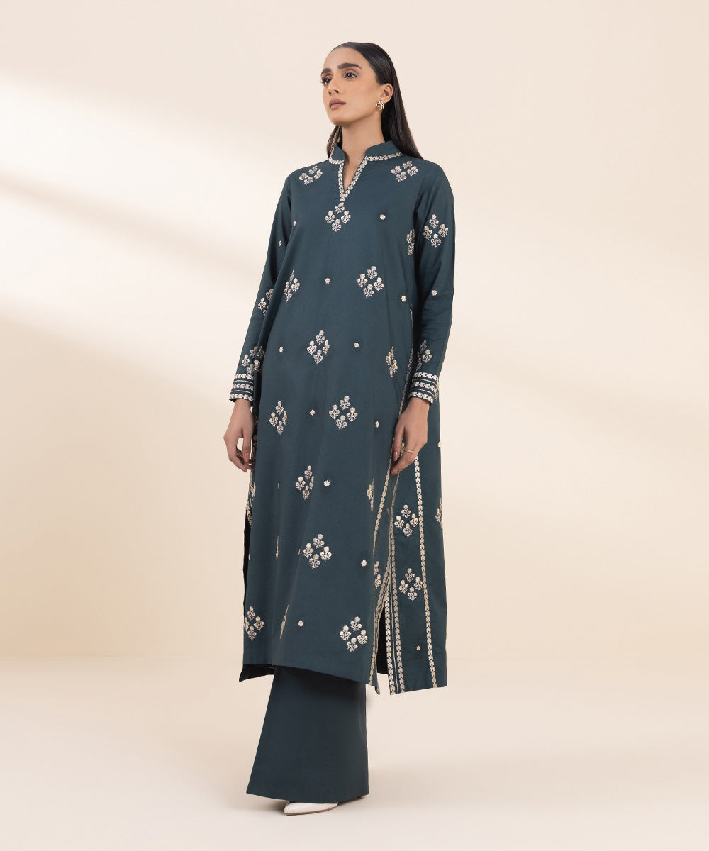 Women's Unstitched Embroidered Forest Green Cross Hatch Shirt and Trousers