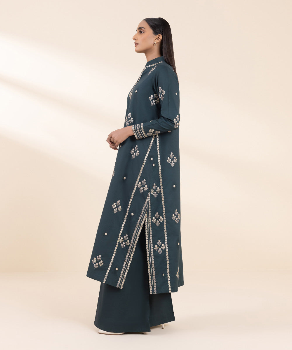 Women's Unstitched Embroidered Forest Green Cross Hatch Shirt and Trousers