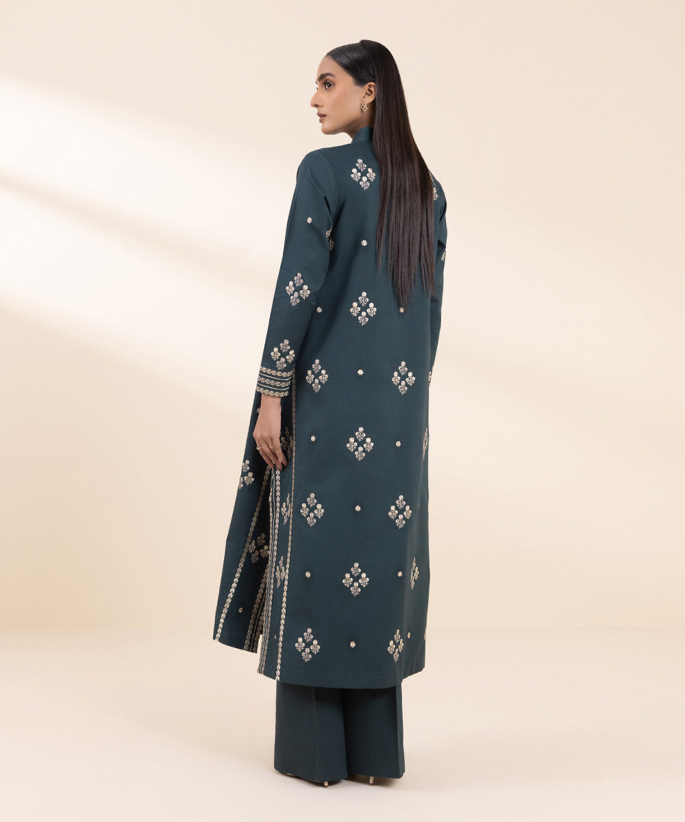 Women's Unstitched Embroidered Forest Green Cross Hatch Shirt and Trousers