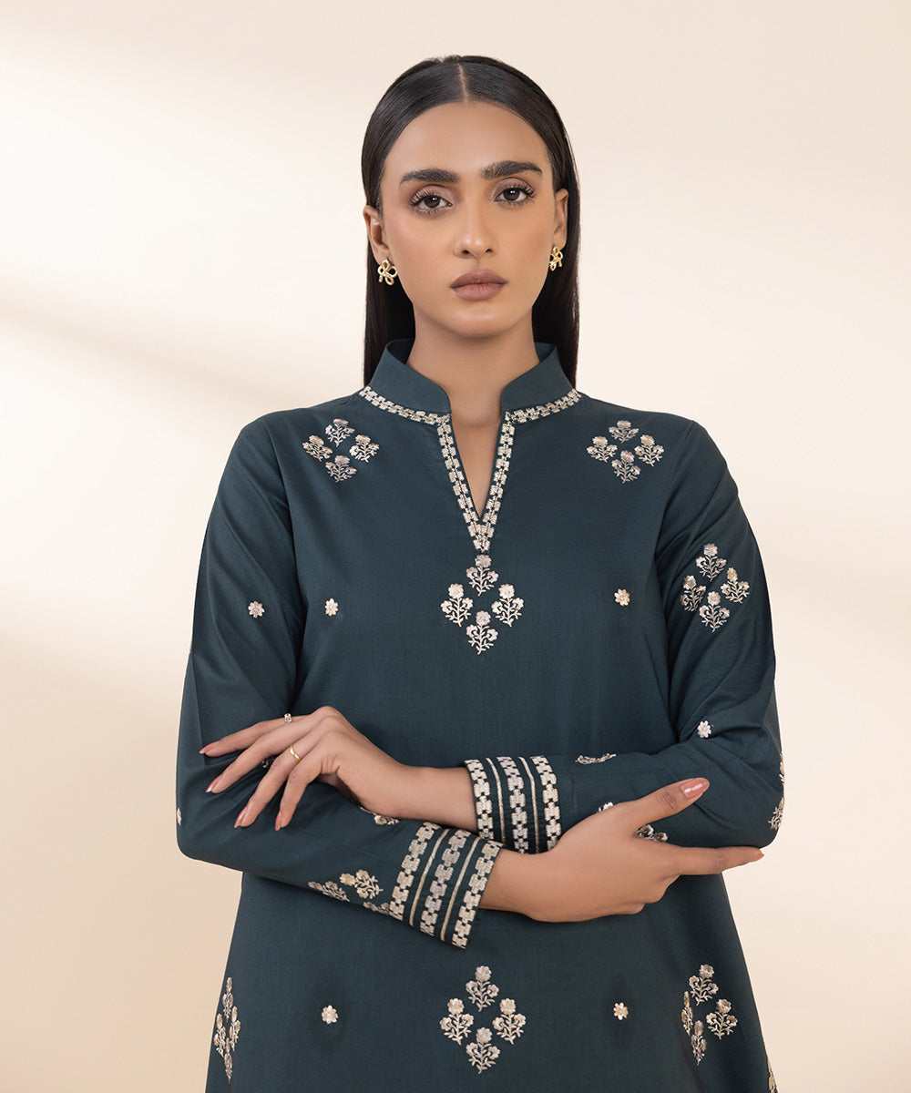 Women's Unstitched Embroidered Forest Green Cross Hatch Shirt and Trousers