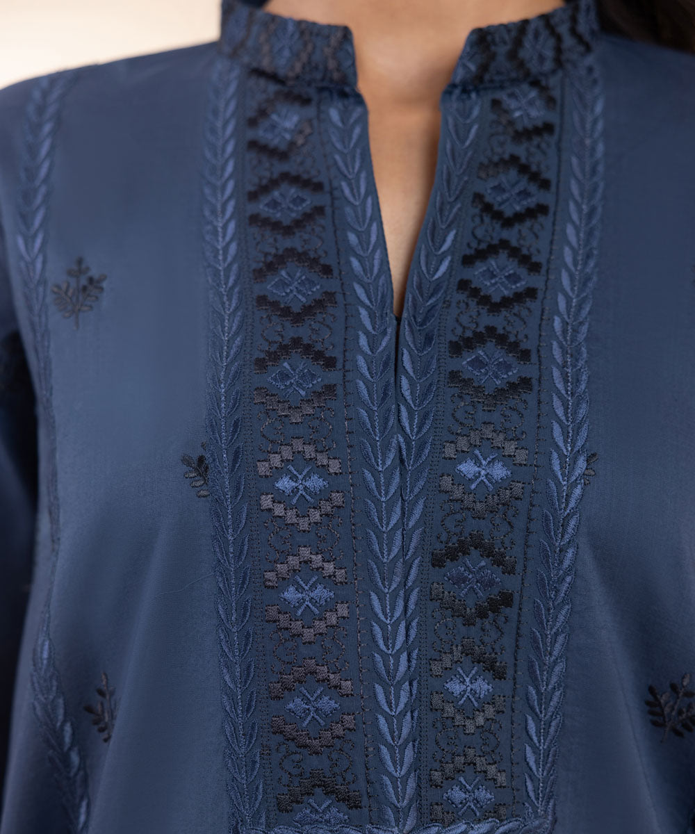 Women's Unstitched Embroidered Navy Blue Cross Hatch Three Piece Suit