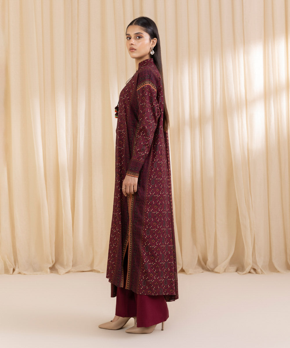 Women's Unstitched Printed Maroon Linen Shirt and Dupatta