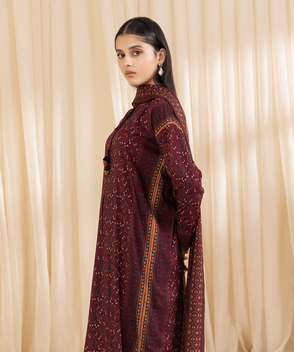 Women's Unstitched Printed Maroon Linen Shirt and Dupatta