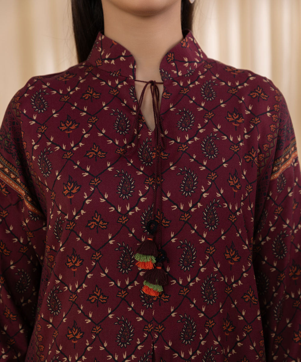 Women's Unstitched Printed Maroon Linen Shirt and Dupatta