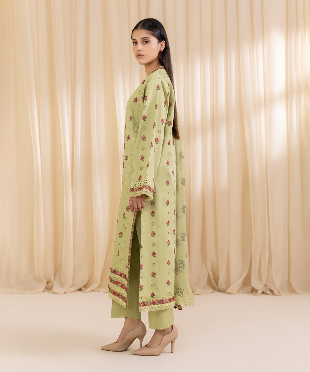 Women's Unstitched Embroidered Pistachio Fine Cotton Satin Three Piece Suit