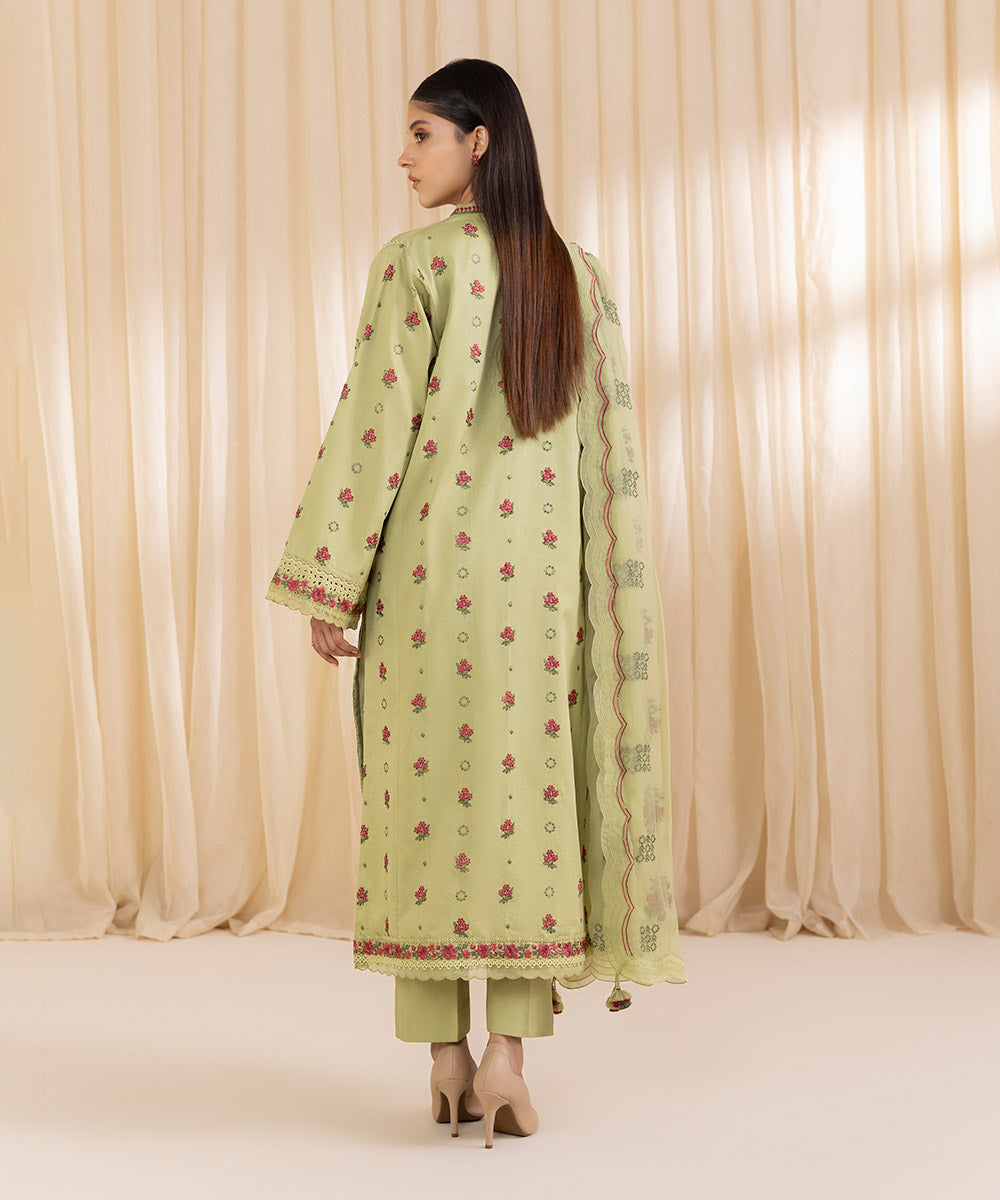 Women's Unstitched Embroidered Pistachio Fine Cotton Satin Three Piece Suit