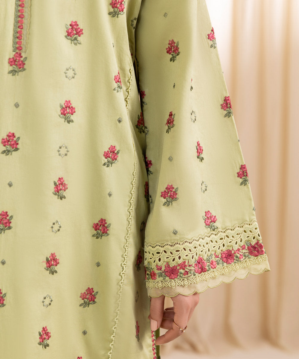 Women's Unstitched Embroidered Pistachio Fine Cotton Satin Three Piece Suit