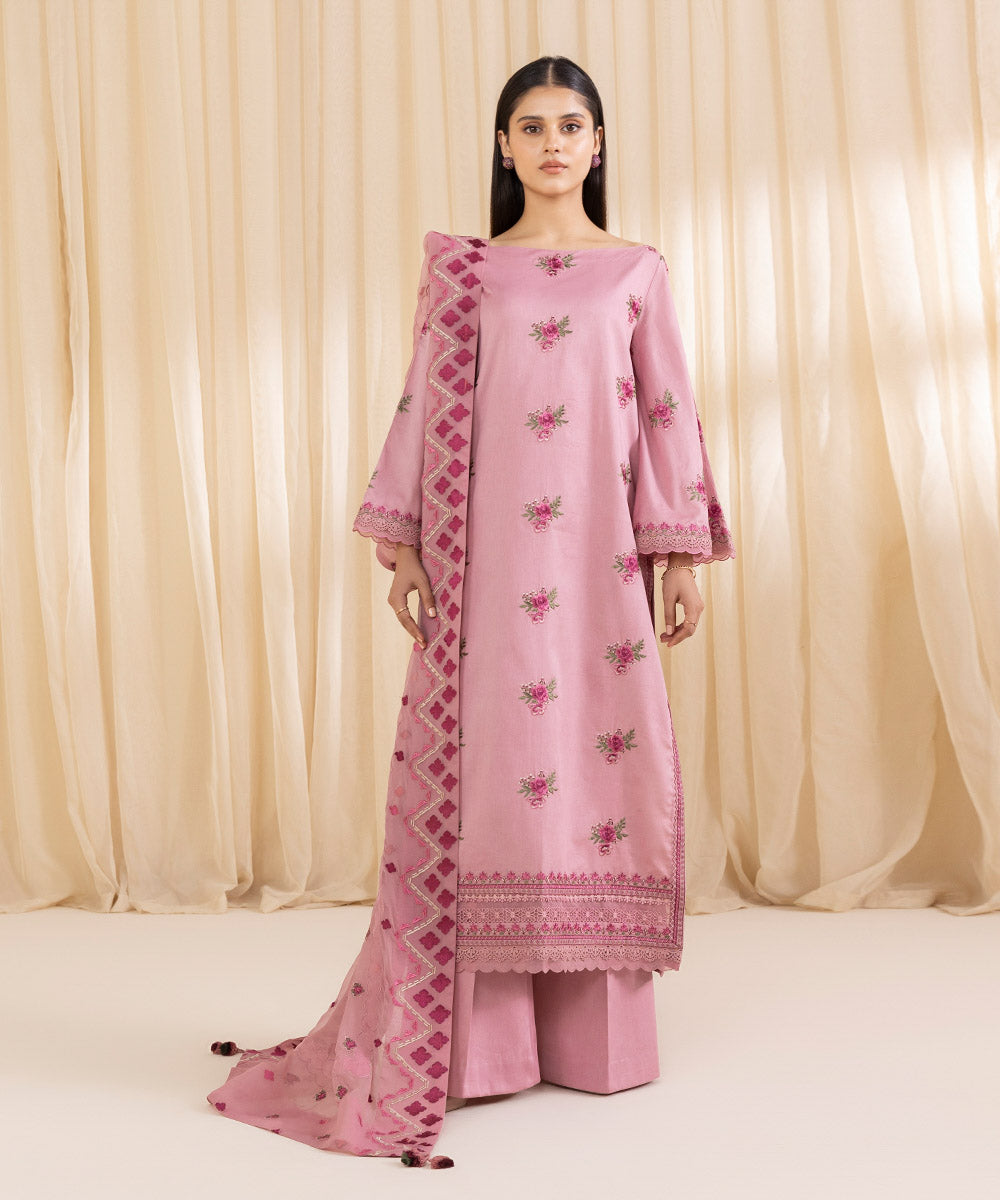 Women's Unstitched Embroidered Light Pink Fine Cotton Satin Three Piece Suit