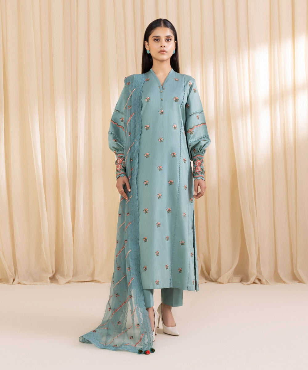 Women's Unstitched Embroidered Turquoise Fine Cotton Satin Three Piece Suit