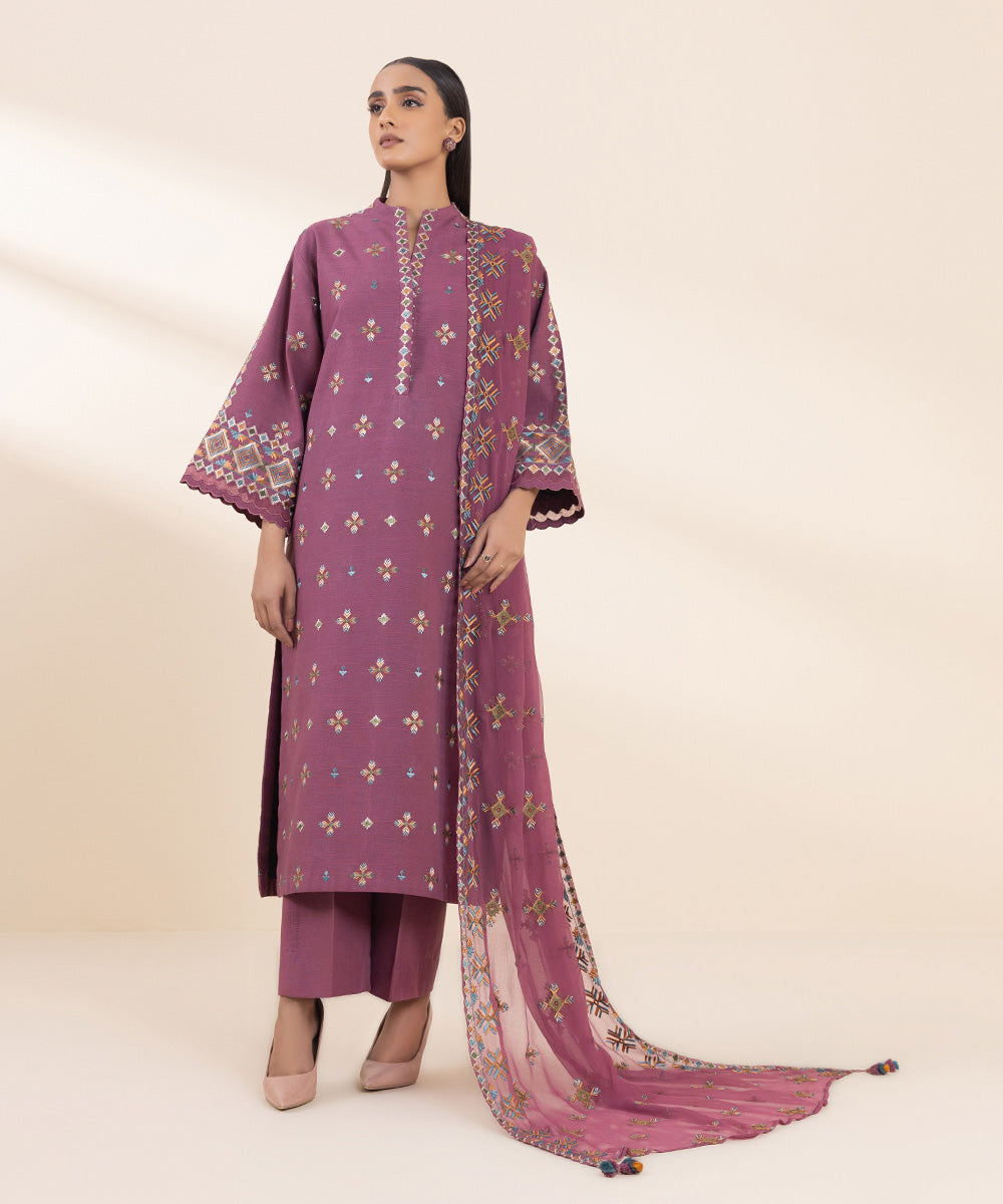 Women's Unstitched Embroidered Mauve Khaddar Three Piece Suit