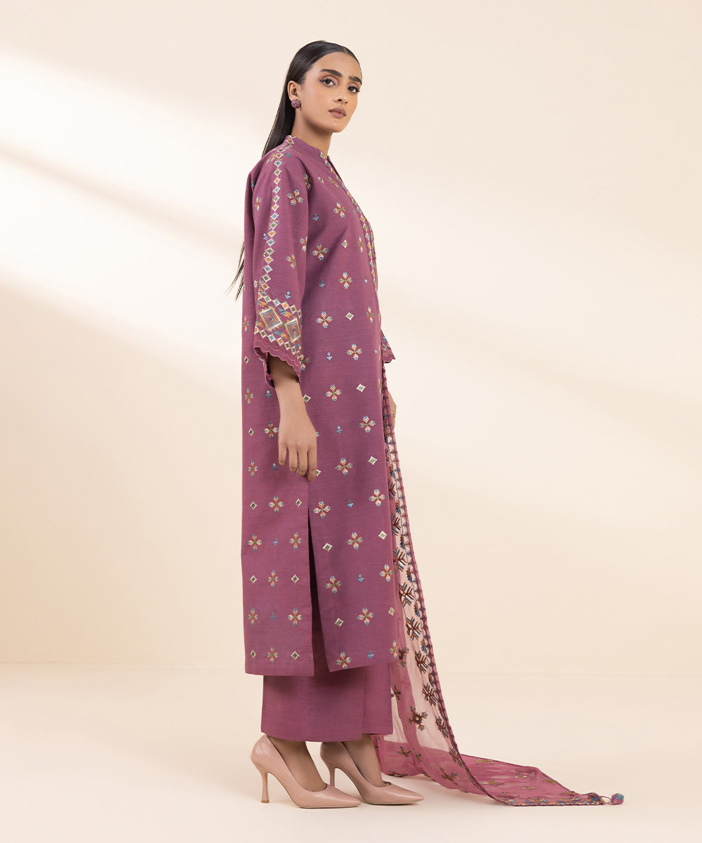 Women's Unstitched Embroidered Mauve Khaddar Three Piece Suit