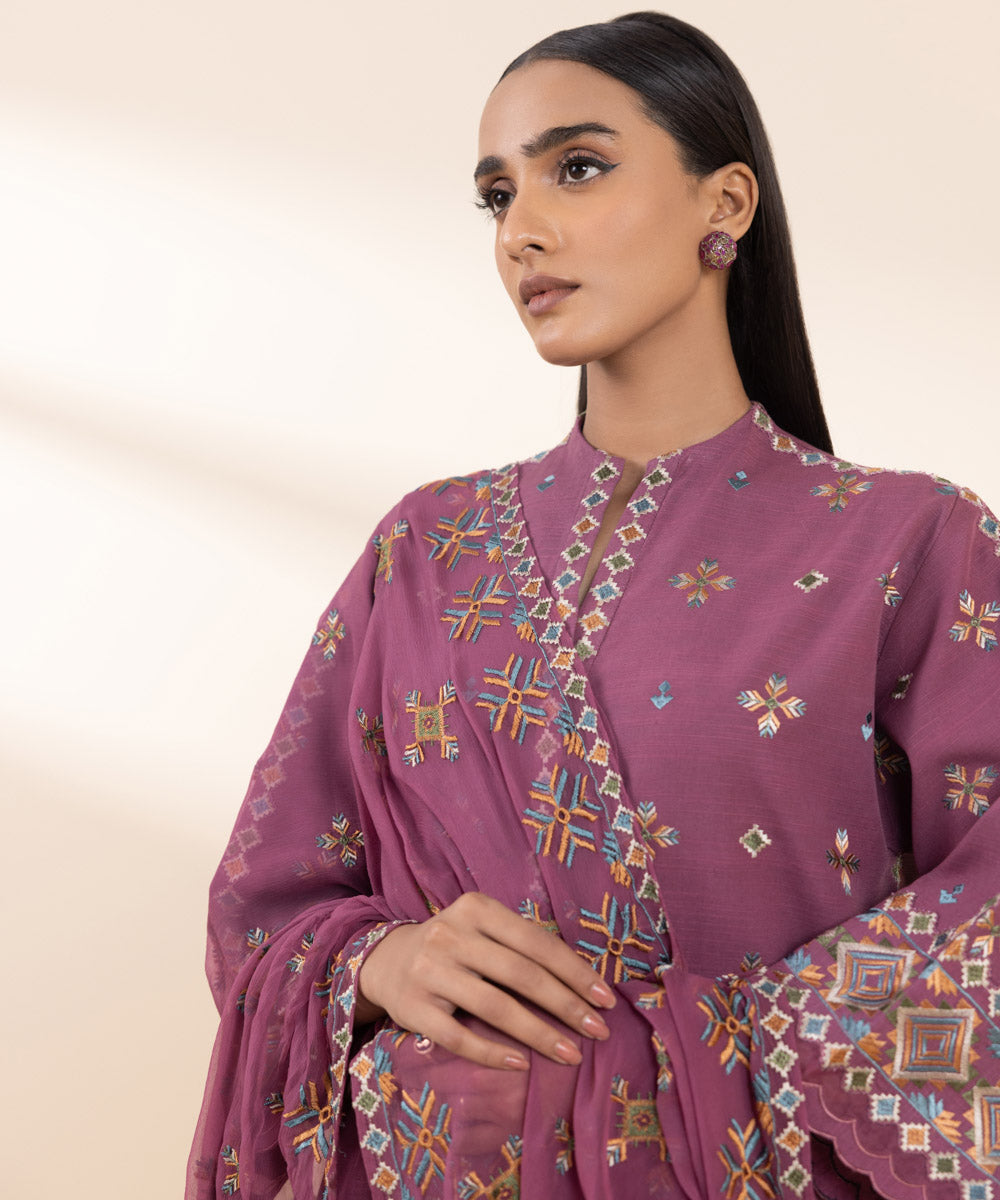 Women's Unstitched Embroidered Mauve Khaddar Three Piece Suit