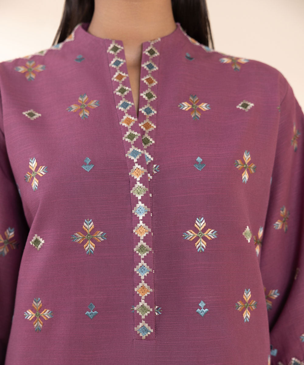 Women's Unstitched Embroidered Mauve Khaddar Three Piece Suit