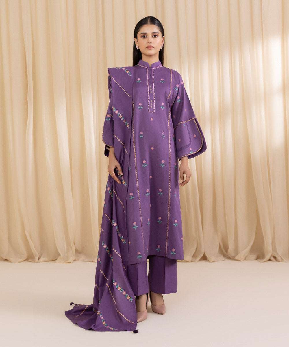 Women's Unstitched Embroidered Opera Mauve Twill Marina Three Piece Suit