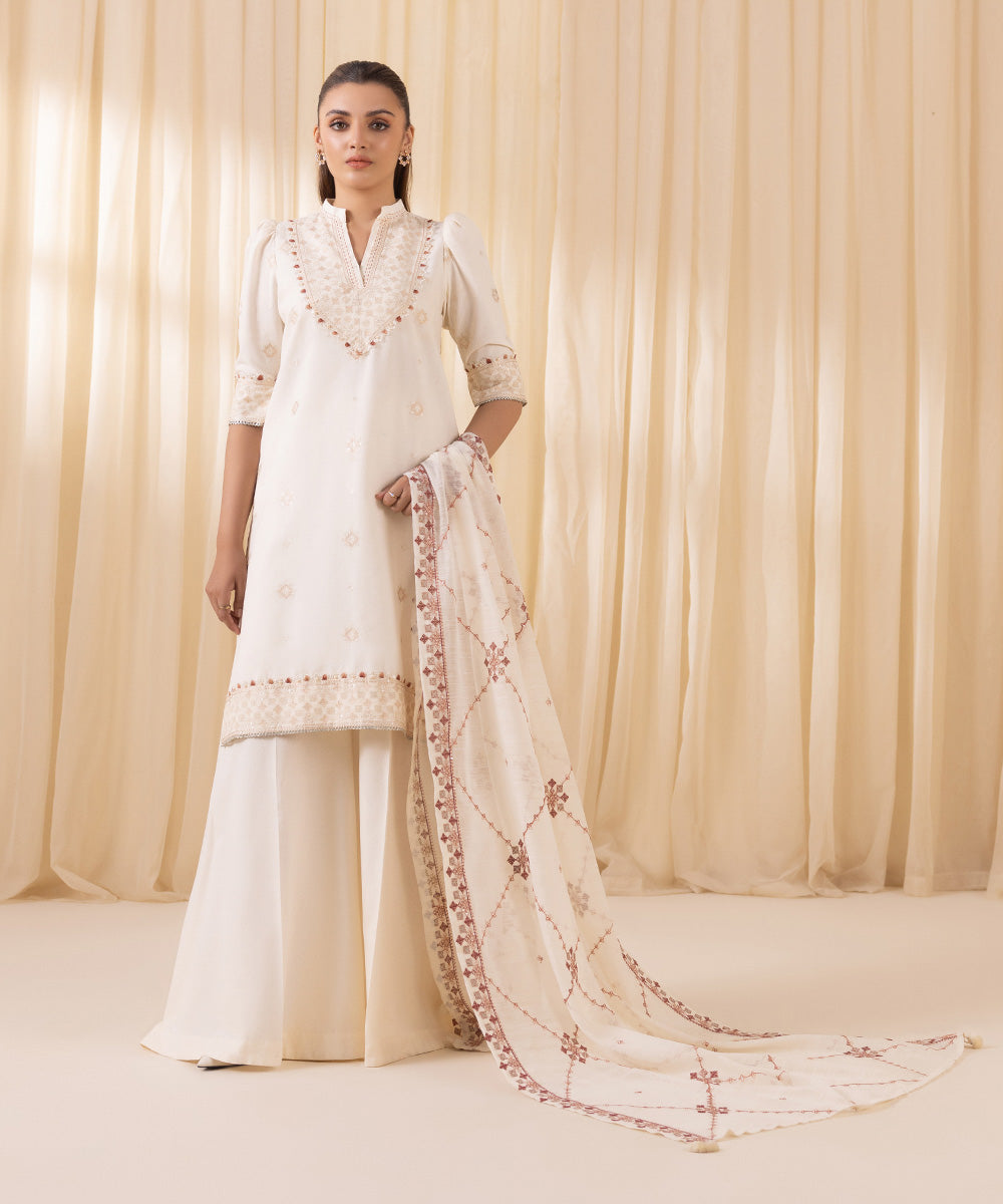 Women's Unstitched Embroidered Off White Cotton Karandi Three Piece Suit