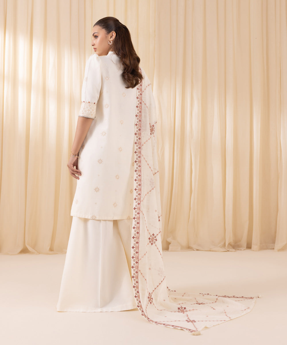 Women's Unstitched Embroidered Off White Cotton Karandi Three Piece Suit