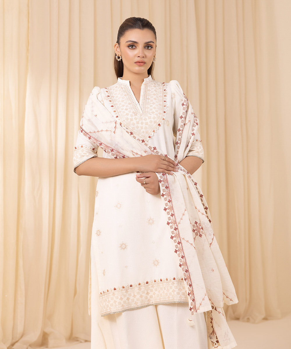 Women's Unstitched Embroidered Off White Cotton Karandi Three Piece Suit