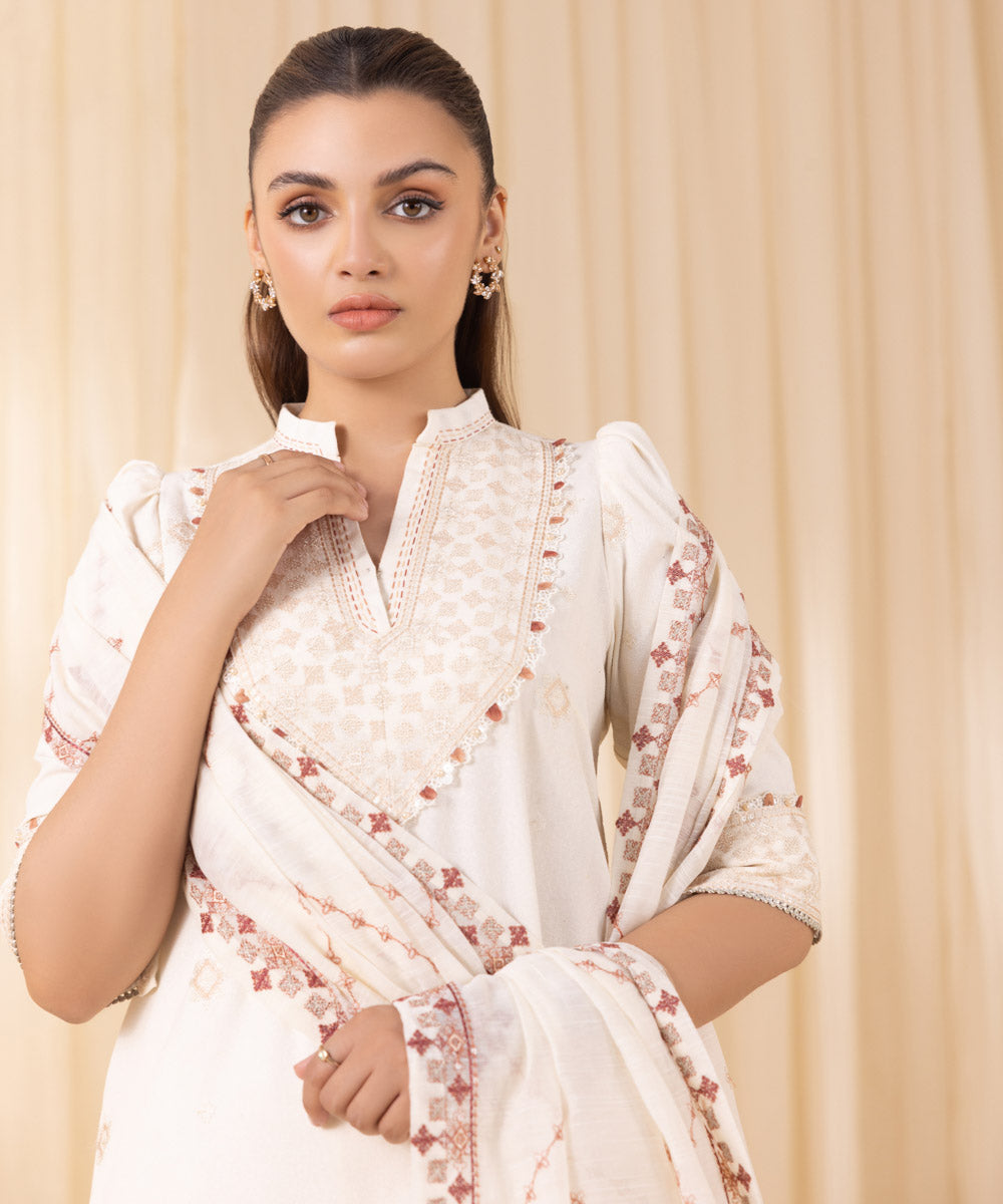 Women's Unstitched Embroidered Off White Cotton Karandi Three Piece Suit