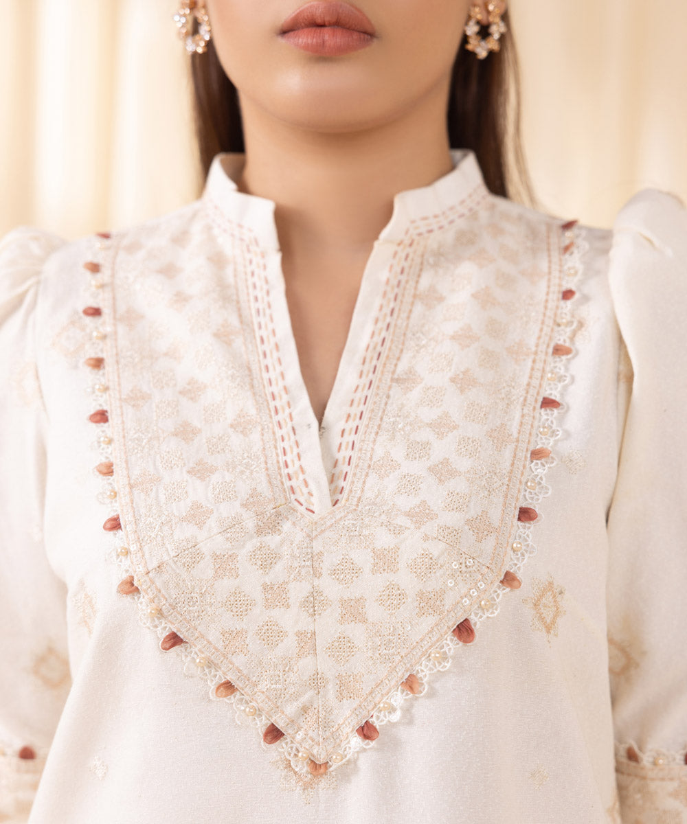 Women's Unstitched Embroidered Off White Cotton Karandi Three Piece Suit