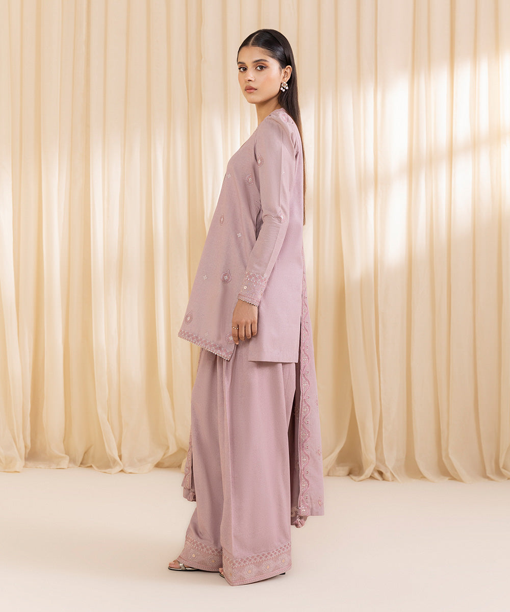 Women's Unstitched Embroidered Light Mauve Cotton Karandi Three Piece Suit