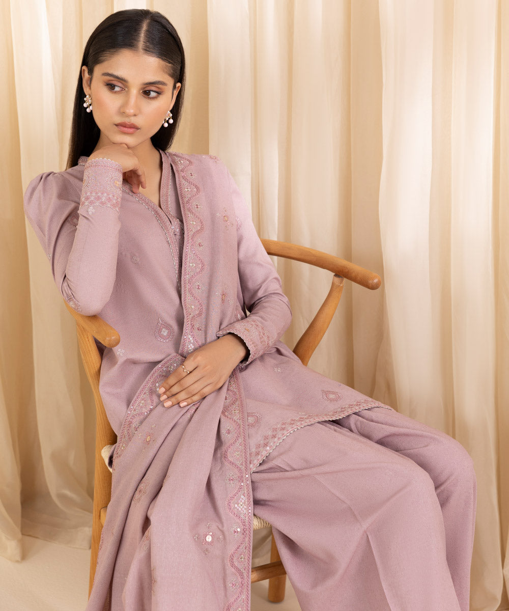 Women's Unstitched Embroidered Light Mauve Cotton Karandi Three Piece Suit