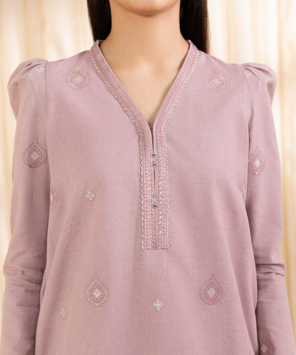 Women's Unstitched Embroidered Light Mauve Cotton Karandi Three Piece Suit