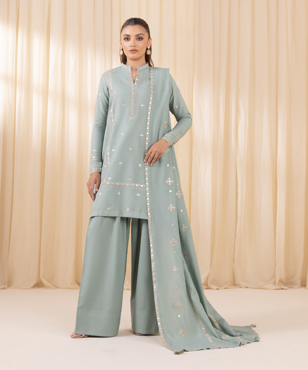 Women's Unstitched Embroidered Mint Green Cotton Karandi Three Piece Suit