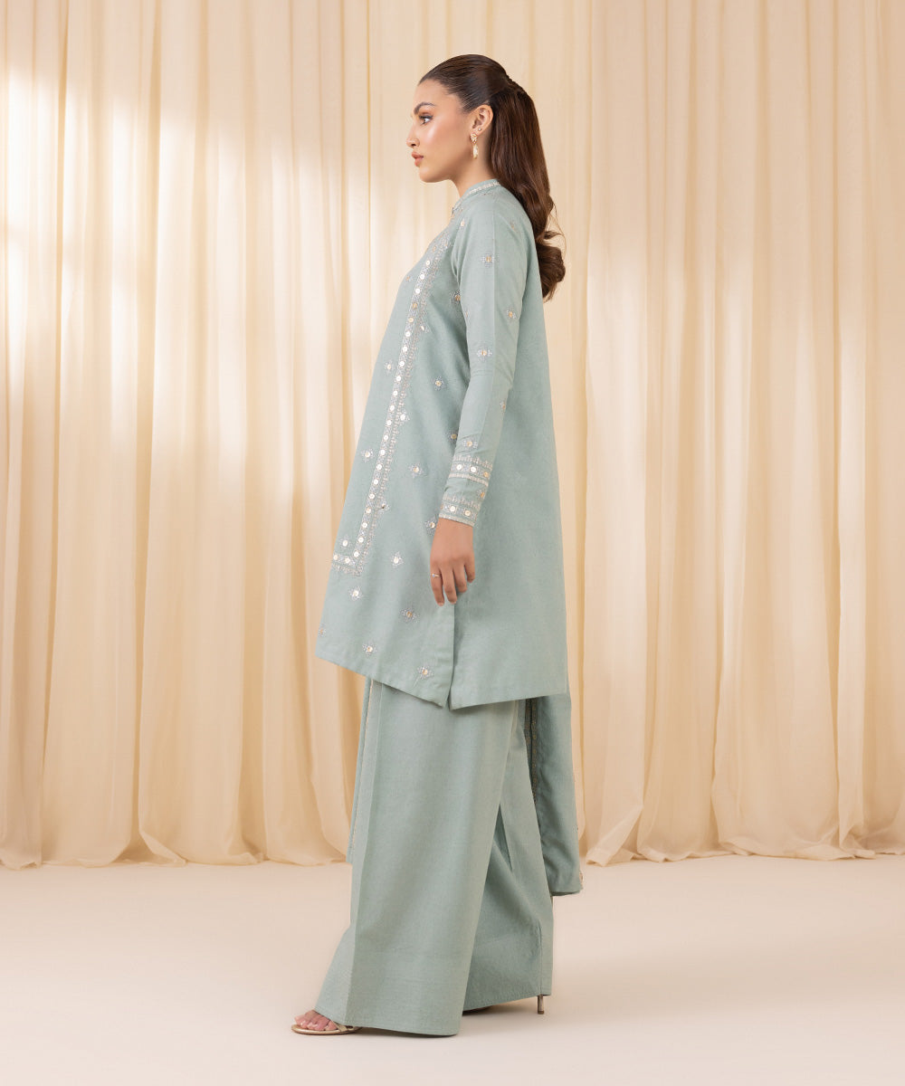 Women's Unstitched Embroidered Mint Green Cotton Karandi Three Piece Suit