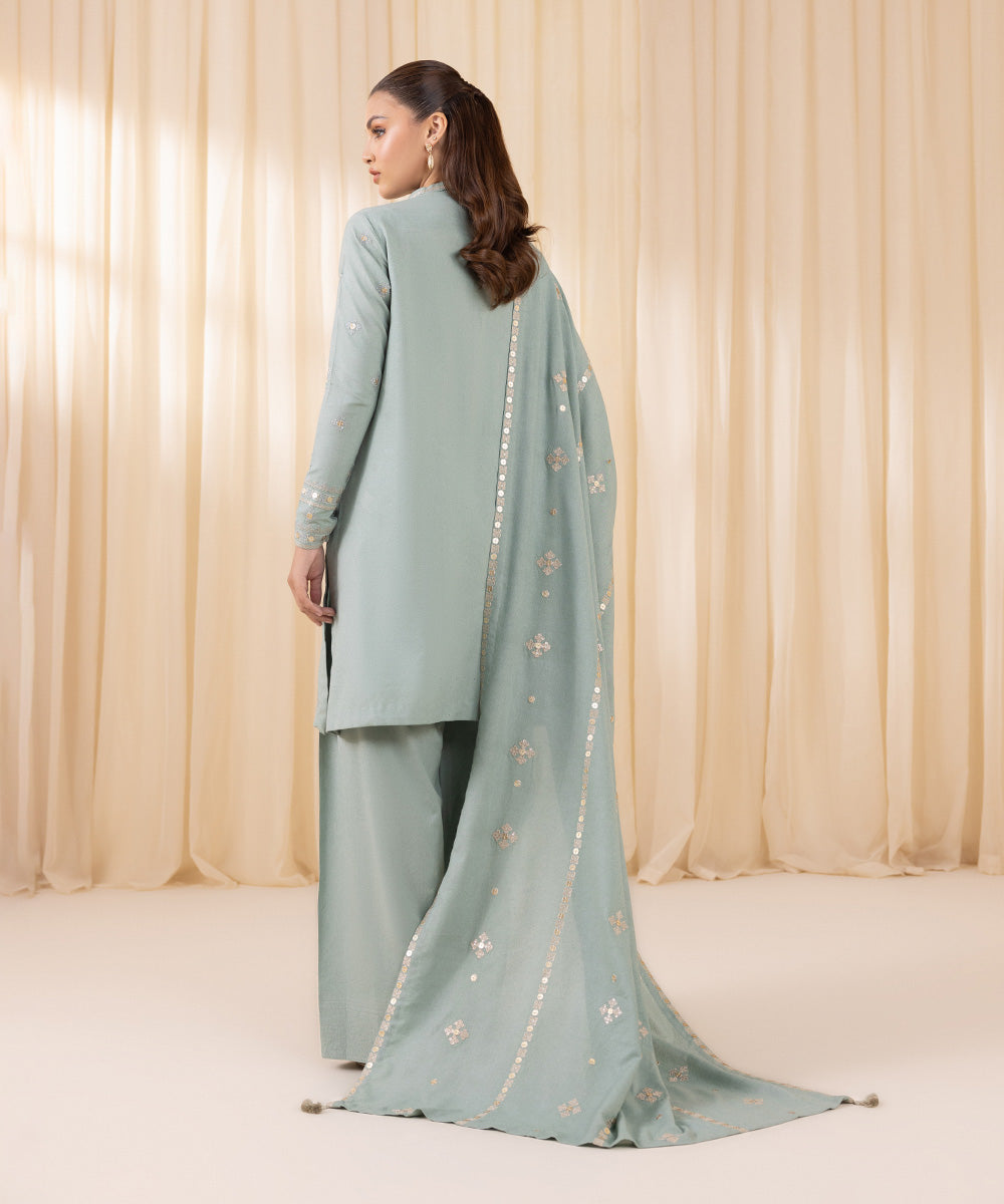 Women's Unstitched Embroidered Mint Green Cotton Karandi Three Piece Suit