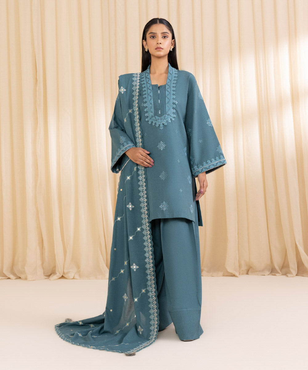 Women's Unstitched Embroidered Sage Green Cotton Karandi Three Piece Suit