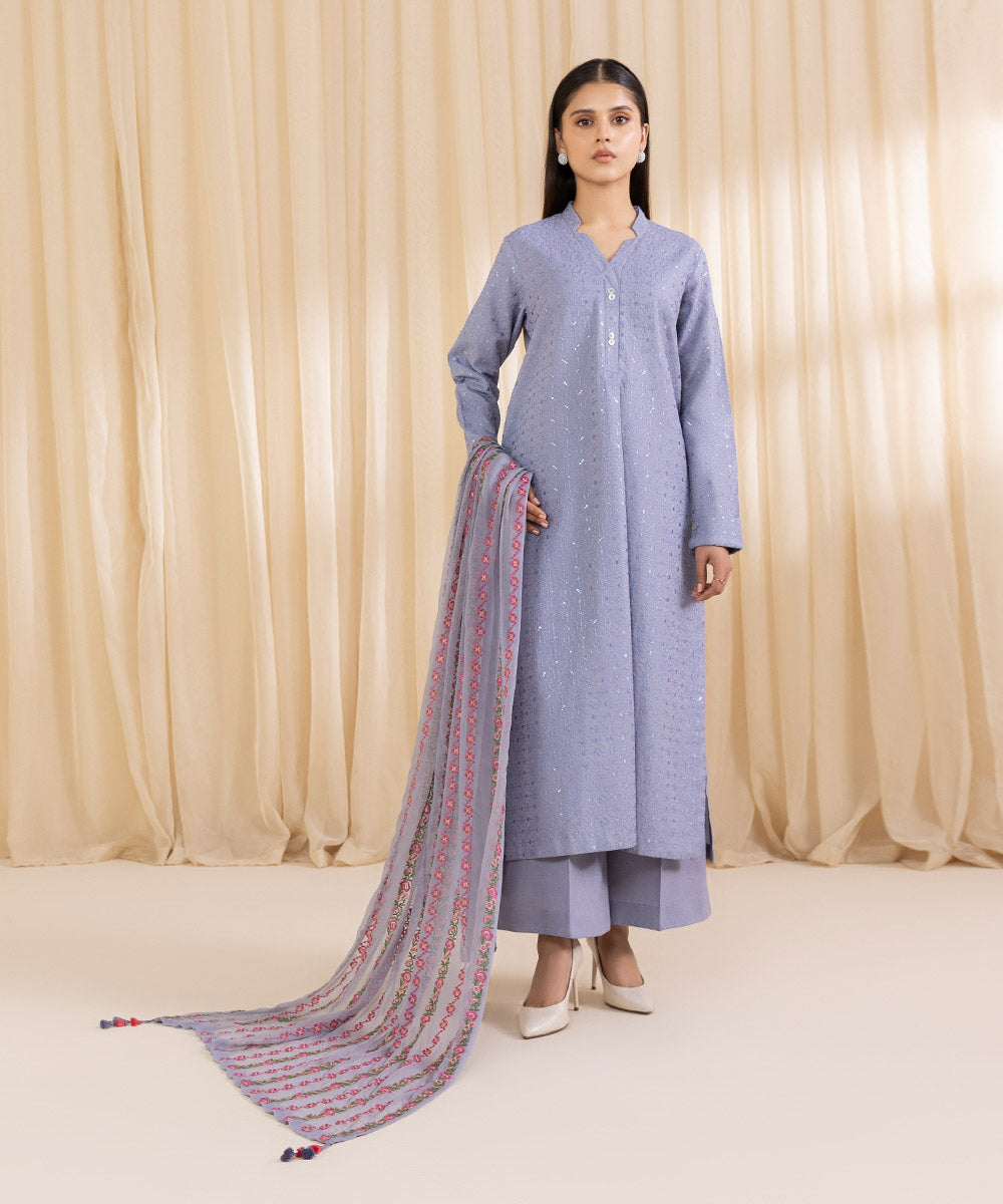 Women's Unstitched Embroidered Sky Blue Cotton Karandi Three Piece Suit