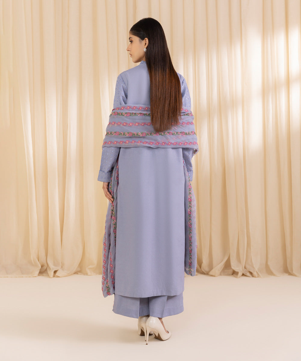 Women's Unstitched Embroidered Sky Blue Cotton Karandi Three Piece Suit