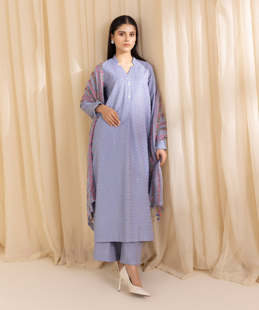 Women's Unstitched Embroidered Sky Blue Cotton Karandi Three Piece Suit